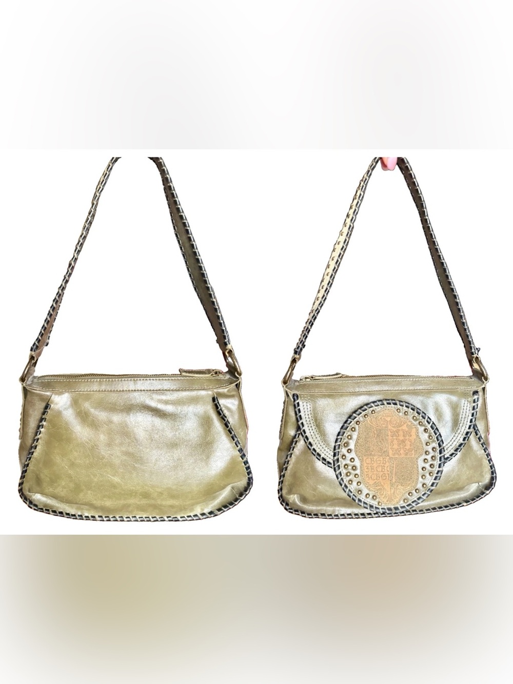 VTG Y2K BCBGirl Studded Leather Hobo Shoulder Bag Whipstitch Crest Green Purple